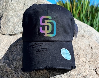 Gorra de los Padres de San Diego - Vinilo holográfico reflectante - Gorra vintage desgastada - Unisex ajustable - 100 % algodón - ¡Gorra de béisbol para mamá o papá!