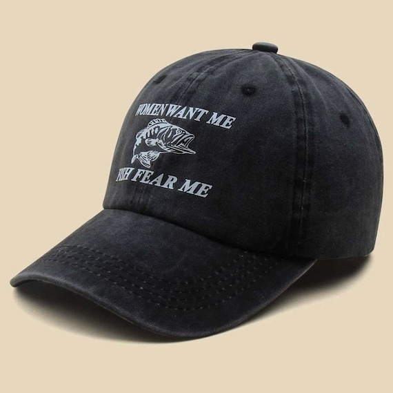 Women Want Me, Fish Fear Me - Dad Hat/Baseball Cap - Printed- unisex - Adjustable - Grey / Chocolate Brown