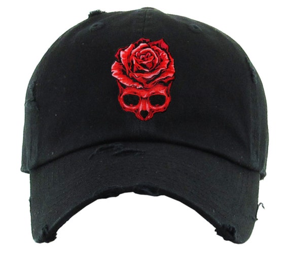 Black Distressed Cap With Skull Rose Embroidered - Edgy  display picture 3