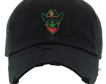 Black Distressed Cap with Green Alien in Cowboy Hat Embroidery - Western Sci-Fi Hat