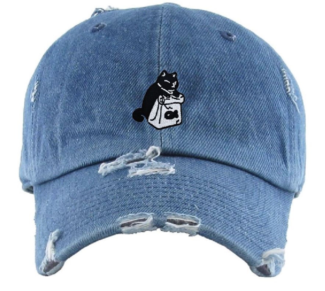 Denim Washed Distressed Cap With Cat Embroidery - Hipster Denim Hat for ...