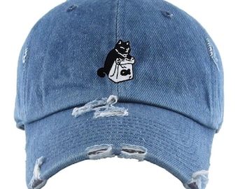 Denim Washed Distressed Cap with Cat Embroidery - Hipster Denim Hat for Cat Lovers