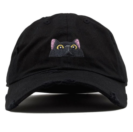 Black Distressed Cap With Peekaboo Cat Embroidery - Playful  display picture 1