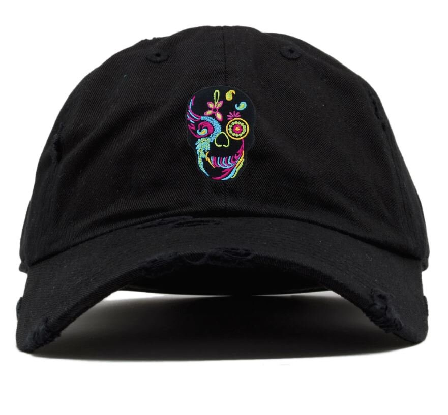 Denim Distressed Cap With Colorful Sugar Skull Patch - Day  display picture 2
