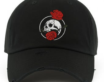 Berretto invecchiato con ricamo scheletro rosa - Cappello unisex scheletro rosa