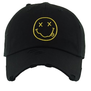 Black Distressed Cap with Smiley Face Embroidery - Smiley Face Unisex Hat