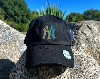 New York - casquette de papa/casquette de baseball - vinyle holographique réfléchissant - vintage - effet vieilli - unisexe - réglable - noir - 100 % coton