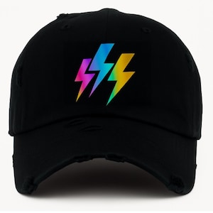 Holographic Reflective Lightning Bolt Hat – Black Distressed Dad Cap with Rainbow Vinyl | Unisex Festival Streetwear Baseball Hat