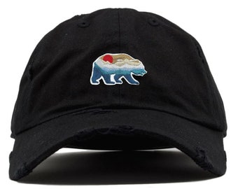 Mountain Bear Hat – Embroidered Distressed Dad Cap | Outdoor Adventure Gift | National Park Bear Aesthetic Cap