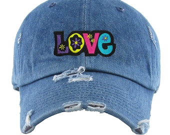 Distressed Denim Cap with Vibrant 'LOVE' Embroidery - Hippie Chic Hat