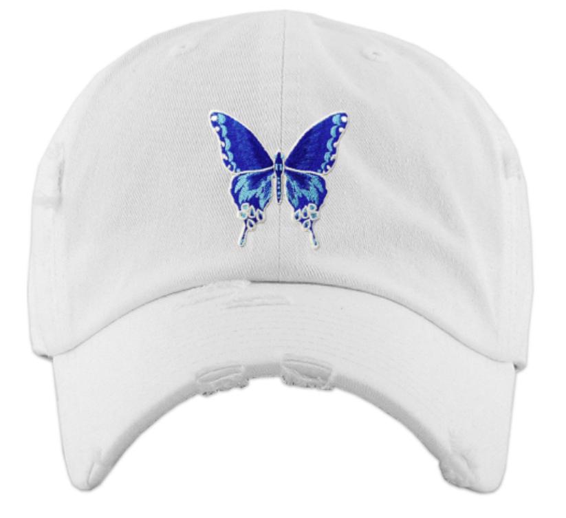 Blue Butterfly Embroidered Hat – Distressed Dad Cap  display picture 1