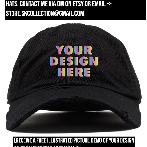 Fully customized holographic designs on hats - Your Name - Your Logo - Your Design - Distressed Black hat (FREE illustrated DEMO PIC! )