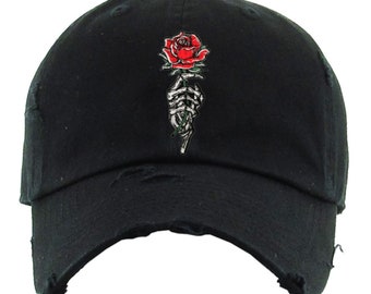 Cappello Edgy Skeleton Rose - Cappellino da papà ricamato nero anticato / Cappello unisex regolabile da strada in stile gotico floreale