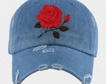 Bonnet brodé de roses – Casquette fleurie en denim effet vieilli | Cadeau esthétique chic pour elle