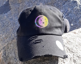 Moonlight Halloween - Dad Hat/Baseball Cap - Reflective Holographic Vinyl - Vintage - Distressed -Unisex - Adjustable - Black - 100% Cotton