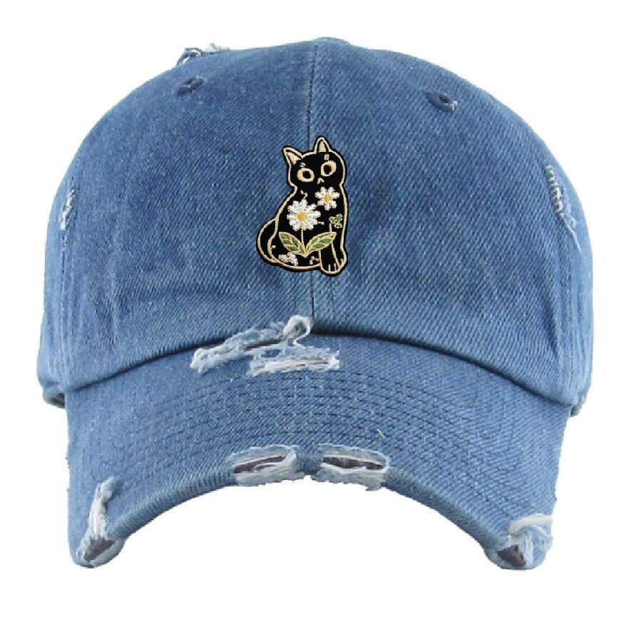 Black Distressed Baseball Cap With Floral Cat Embroidery 