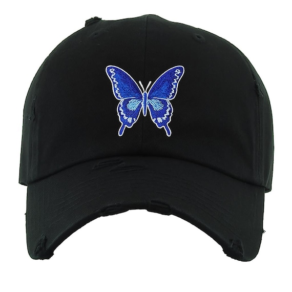 New Custom Designed Blue Distressed Baseball Cap with Two Toned Beaded Butterfly NEW Olivia & Kate New York Women Denim Cap Hat Rhinestone  main image 2