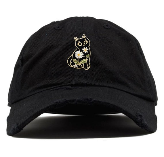 Women\'s Embroidery Adjustable Washed Distressed Trucker Hat Baseball Cap Cat Da Black Distressed Baseball Cap With Floral Cat Embroidery  main image 3