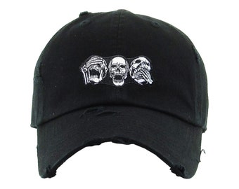 Black Distressed Cap with Three Skulls Embroidery - Gothic Themed Hat