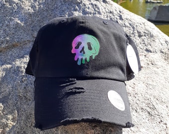 Dripping Skull - Dad Hat/Baseball Cap - Reflective Holographic Vinyl - Vintage - Distressed -Unisex - Adjustable - Black/Denim - 100% Cotton