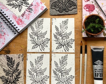 Leaf Lino Print | Art Lino Print | Fineliner Drawing | Pen Artwork | Carving | Fern | Nature | Printing | Botanical | Floral