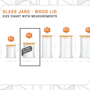 May include: A size chart for glass jars with wood lids. The jars are shown in various sizes, from 1 ounce to 18 ounces. Each jar has a wooden lid and is labeled with its size in ounces. The chart also includes the dimensions of each jar in inches.