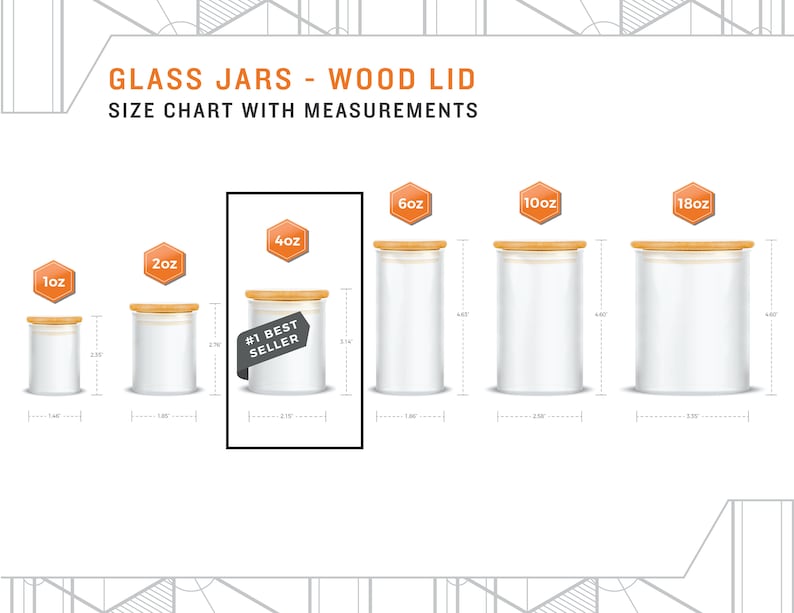 May include: A size chart for glass jars with wood lids. The jars are shown in various sizes, from 1 ounce to 18 ounces. Each jar has a wooden lid and is labeled with its size in ounces. The chart also includes the dimensions of each jar in inches.