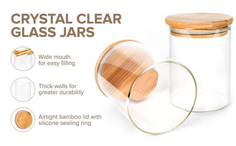 May include: Two clear glass jars with airtight bamboo lids. The jars have wide mouths for easy filling and thick walls for durability.  The lids have a silicone sealing ring.