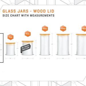 May include: Size chart for glass jars with wood lids. The jars are available in 1, 2, 4, 6, 10, and 18 ounce sizes. The chart shows the height and diameter of each jar in inches.