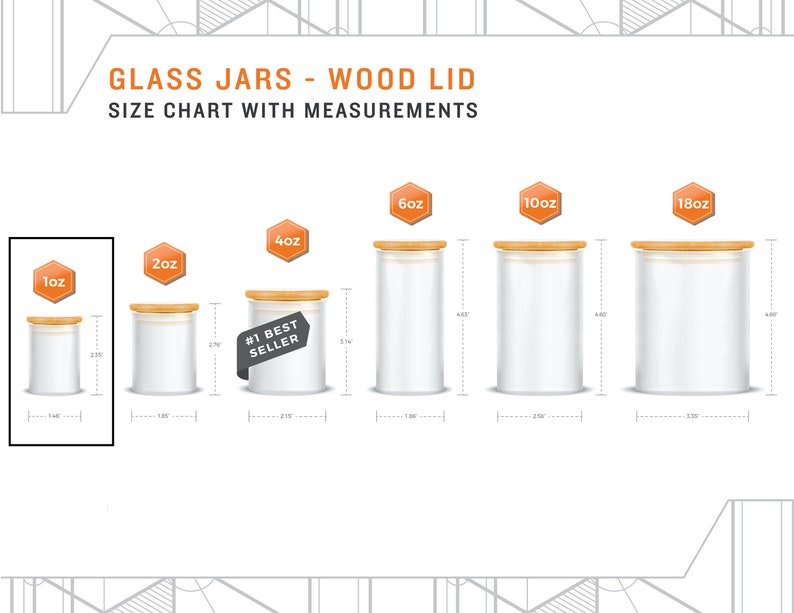 May include: Size chart for glass jars with wood lids. The jars are available in 1, 2, 4, 6, 10, and 18 ounce sizes. The chart shows the height and diameter of each jar in inches.
