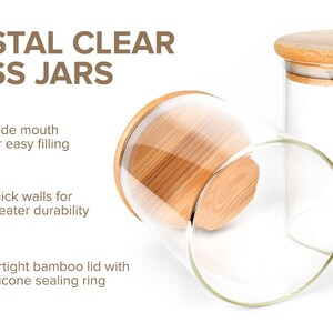 May include: Two clear glass jars with airtight bamboo lids. The jars have wide mouths for easy filling and thick walls for durability.  The lids have a silicone sealing ring.