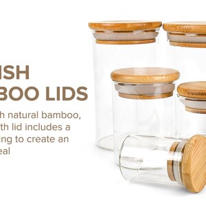 May include: Four glass jars with airtight bamboo lids. The lids are made of natural bamboo and have a silicone ring to create an airtight seal.