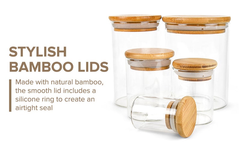 May include: Four glass jars with airtight bamboo lids. The lids are made of natural bamboo and have a silicone ring to create an airtight seal.