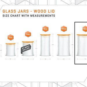 May include: Size chart for glass jars with wood lids. The jars are available in 1, 2, 4, 6, 10, and 18 ounce sizes. The chart shows the height and diameter of each jar in inches.