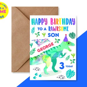 Biglietto di auguri di compleanno personalizzato con nome del dinosauro T-Rex / Biglietto di auguri per il 3°, 4° e 5° compleanno di qualsiasi età / Figlio, nipote, fratello