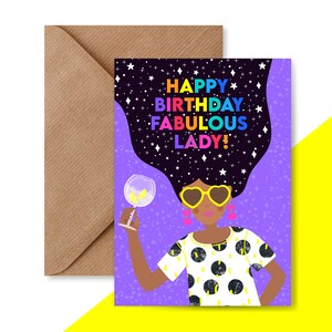 Carte d'anniversaire de Madame fabuleuse | Illustration de fille Carte de voeux | Cartes postales contemporaines lumineuses et colorées | Carte de 5 x 7 pouces avec enveloppe kraft