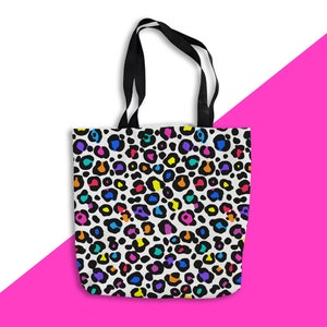 Rainbow Leopard Print Tote Bag | Colourful Patterned Shoulder Bag | Big Shopping Bag | Canvas Weekend Bag | Large Mum Bag | Gifts for her