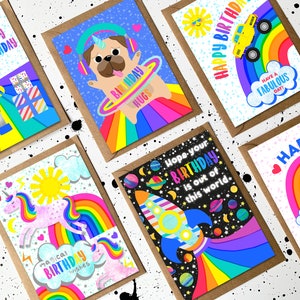 Cartões de aniversário infantis | Cartões de felicitações divertidos | Cartões brilhantes e coloridos para crianças | Cartões de aniversário contemporâneos | Pacote misto com 6 cartões A6