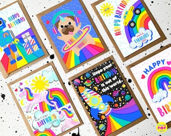 Kids Birthday Cards | Fun Greeting cards | Bright & Colourful Cards for Children | Contemporary Birthday Cards | Mixed Pack of 6 A6 Cards