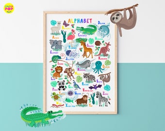 Impresión del alfabeto de animales / Arte de pared con el alfabeto / Arte infantil con el alfabeto / Impresión infantil con el alfabeto de animales / Arte de pared para niños / Decoración de habitación infantil / Pósteres para guardería