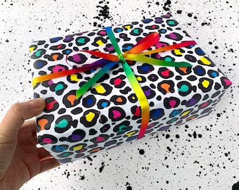 Rainbow Leopard Print Wrapping Paper | Colourful Present Wrap | Luxury Gift Wrap | Eco Friendly Recyclable Wrapping Paper | Rainbow Gift Tag