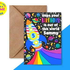Biglietto di auguri di compleanno personalizzato / Biglietto di auguri con razzo spaziale / Biglietto con pianeti per qualsiasi età (4°, 5° e 6° anno) / Figlio, nipote, fratello / Biglietto per ragazzo