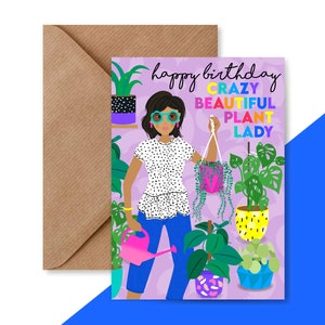 Tarjeta de cumpleaños con una bella y loca dama de las plantas / Tarjeta de niña con plantas / Tarjeta de felicitación con ilustración femenina / Tarjetas contemporáneas brillantes y coloridas