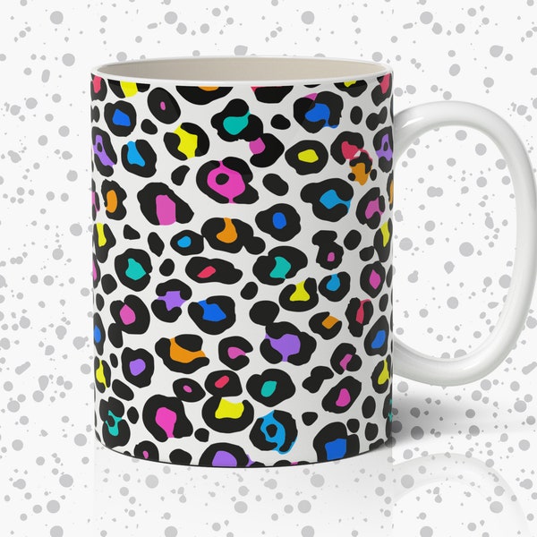 Rainbow Leopard Coffee Mug | Colourful Printed Tea Cup | Unique Gifts for Her | Fun Mug | Presents for Sister Mum Friend | Stocking stuffer