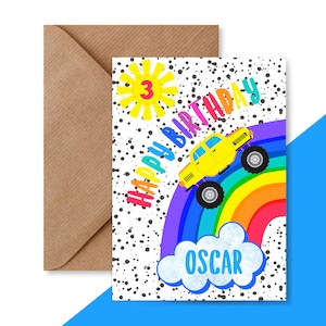 Biglietto di auguri di compleanno con monster truck colorato / Biglietto di auguri personalizzato / Biglietto per qualsiasi età 4°, 5° e 6° anno / Figlio, nipote, nipote / Biglietto arcobaleno per bambino