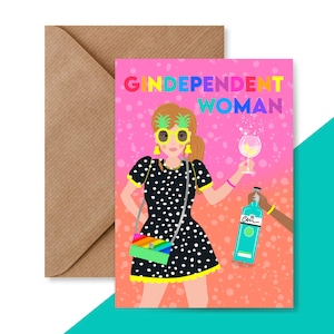 Gindependent verjaardagskaart vrouw | Gin Lady Illustrated-wenskaart | Heldere en kleurrijke hedendaagse kaarten | 5 x 7 inch | Kraft envelop