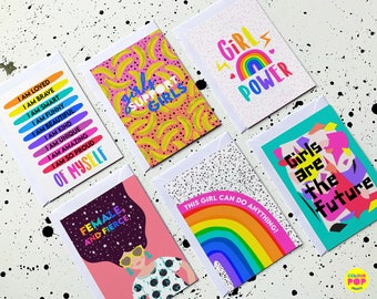 Girl Power Postcard Pack | Feminist Art Postcard Set | Strong Girls A6 Mini Prints | Rainbow Affirmation Art Print | Gifts for Girls Bedroom