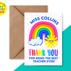 Tarjeta de agradecimiento para el maestro con arcoíris / Tarjeta de agradecimiento personalizada para el asistente de enseñanza / Regalo de agradecimiento con nombre para el maestro / Tarjeta de 5 x 7 con sobre Kraft