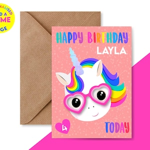 Jolie carte d'anniversaire personnalisée | Carte de voeux de licorne arc-en-ciel | N'importe quel âge 5ème 6ème 7ème anniversaire carte de vœux | Fille, nièce, petite-fille, soeur