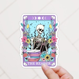 Pastel Goth Reader Tarot Card Sticker Spooky Books Skeleton Sticker BookTok Reading Journal Sticker for Librarian Reader Cute Tarot